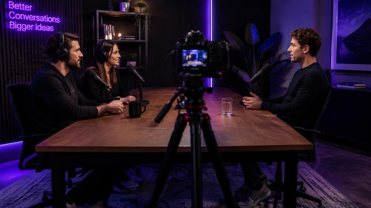Example PrimeCut workflow: a podcast interview reel, headphone campaign artwork, production status and a video timeline